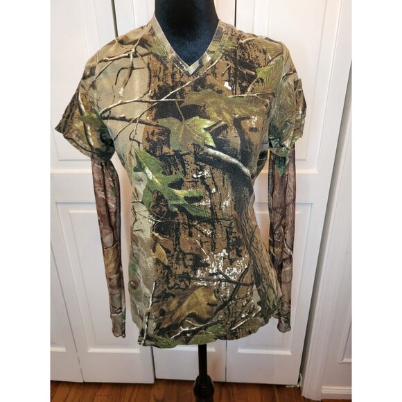 Tree Camo Long Sleeve Layered Tee Sheer Sleeve S Gorpcore Grunge Outdoors Nature - Picture 1 of 7